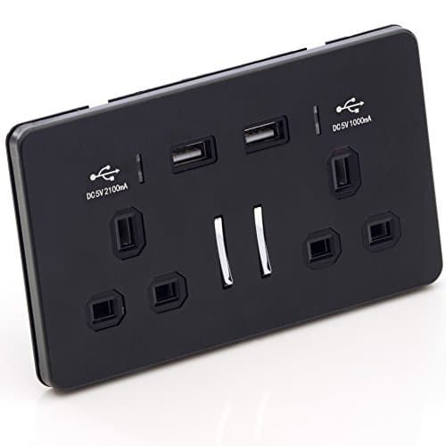 USB 2 Way UK High Speed 3.1A Plug Socket Wall Smartphone Charger Matte Black