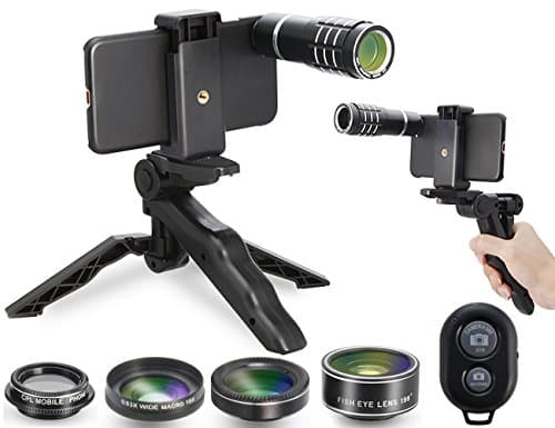 Camera Shutter Remote and Lens Kit for iPhone 6/6s/6plus/6splus/7/7plus - 12x Telephoto / CPL / Fisheye / 2in1 Macro + Wide Angle Lens / Tripod / Tripod Adapter / Hard Case / Universal Clip