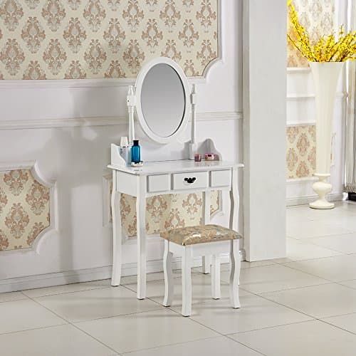 Willstone Vanity Dressing Table with Adjustable Mirror and Padded Stool Set, Vintage Style Bedroom Dresser Makeup Desk (1 Drawer White)