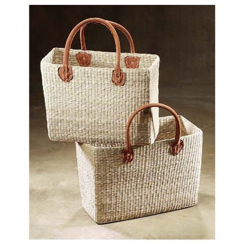 seagrass-bag,angular,double weaved, leather-handle, set/2