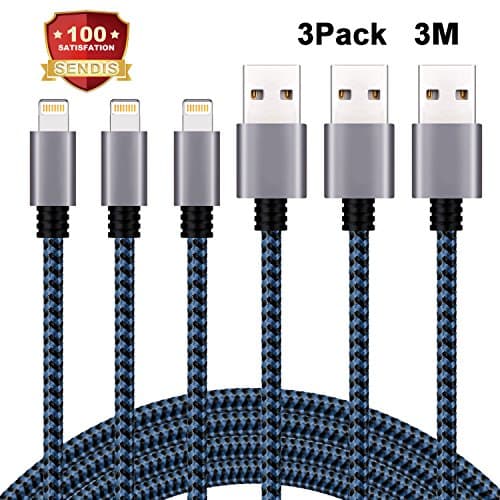 iPhone Charger Cable, SENDIS 3Pack 10ft/3M iPhone Cable Nylon Braided Lightning Cable Extra Long Syncing and Charging Cable for iPhone 8/8 Plus/X/7/7 Plus/6/ 6 Plus/ 6s, iPad and More