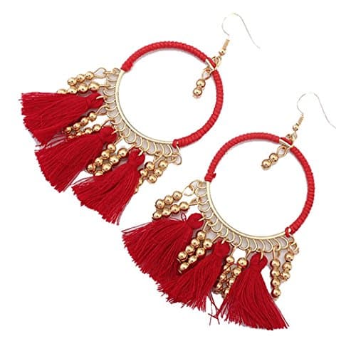 Handcrafted Beads Tassel Eardrop Statement Big Drop Dangle Hoop Long Earrings for Women Red