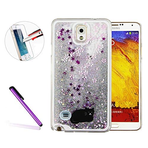 Note 4 Case,Galaxy Note 4 Case Cover,Hard Case for Galaxy Galaxy Note 4,NEWSTARS [Creative Design] [Flowing Liquid] Glitter Flowing Liquid Floating Moving Clear Hard Protective Case Cover for Samsung Galaxy Note 4 [+ 1Pcs Stylus Touch Pen+ 1Pcs Screen Protector].Silver Liquid-Black Cat