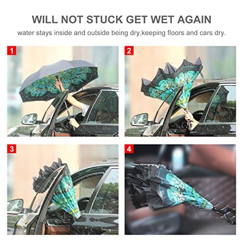 Windproof UV Protection Reverse Folding Double Layer Inverted Umbrella with C shape Handle, Self Standing, Inside Out , Hand Free, Best for Travelling and Car Use (Peacock Ling)
