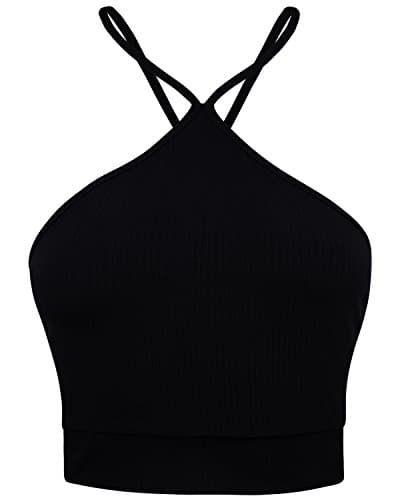 BA Women's Basic Simple Comfortable Strappy High Neck Crop Tops BLACK M