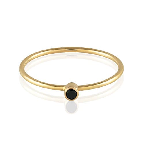 Black Diamond Ring - Solitaire Stackable Thin Rings for Women - Round Cut Genuine Diamonds on Tiny 14k Real Gold Band - Small Promise Jewelry - Size 4 to 10