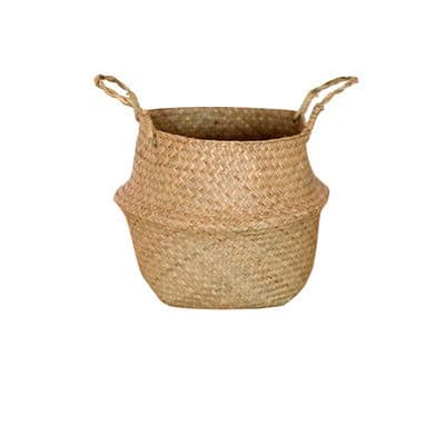 Handmade Bamboo Storage Baskets Foldable Laundry Straw Patchwork Wicker Rattan Seagrass Belly Garden Flower Pot Planter Basket Natural Color 32cm
