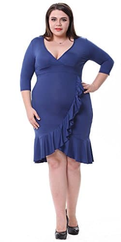 Sapphyra Women's Plus Size Solid Deep V-neck Half Sleeve Ruffles Midi Dress