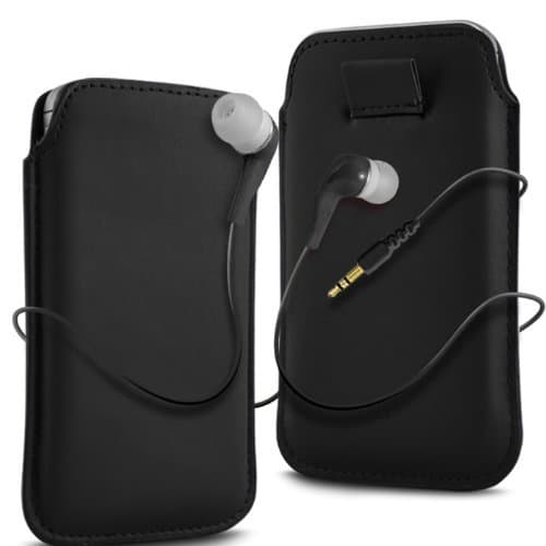 BLACK LEATHER PULL FLIP TAB CASE COVER POUCH & HIGH QUALITY EARBUD EARPHONES FOR NOKIA E72 BY N4U ACCESSORIES