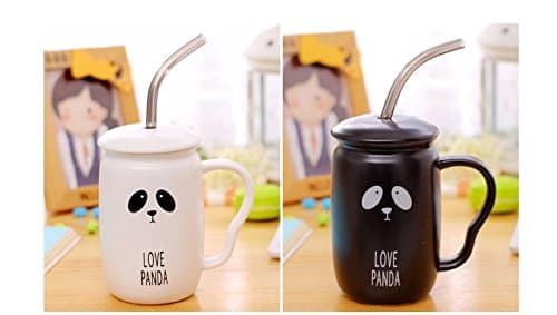 Sincere Trading 2 Set Panda/Bear face creative ceramic cup, coffee cup, milk cup, breakfast cup, tea cup (white/black Panda/bear)