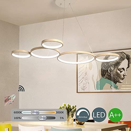 LED Ceiling Pendant Light Dimmable with Remote Control 5 Ring Hanging Lamp Modern Creative Spiral Design Chandelier for Kitchen Island Bar Cafe Dining Room Table Living Room Office Lighting,Gold