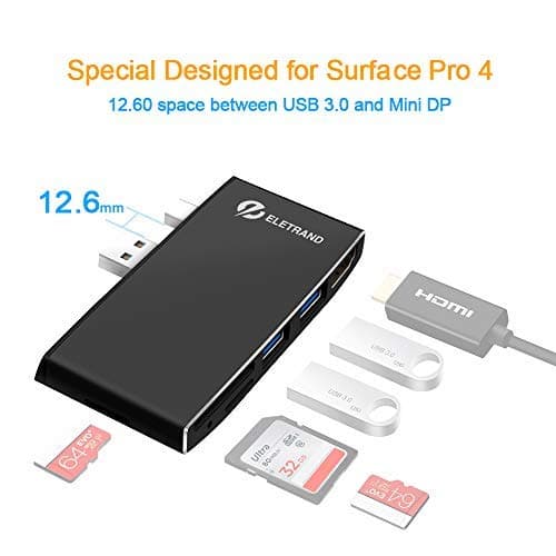 Eletrand Multi-Function Surface Pro 4 USB 3.0 Hub, Card Reader Combo with Build-in Mini DP to HDMI Adapter(4K/2K@30Hz), Dual USB 3.0 Port for Mouseb& Keyboard