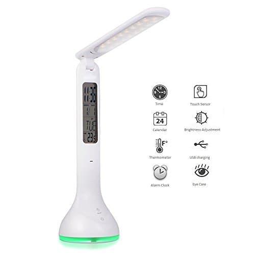 LED Desk Lamp Touch Control, Leadpo Multi-functional Bedside Table Lamp 3-Level Dimmable Brightness with Calendar/ Alarm Clock/ Temperature Eye-Care Touch Light for Reading Study Relax Sleeping