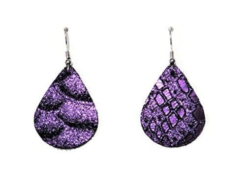 Handmade Mystic Python Pattern Metallic Purple Small Teardrop Cowhide Leather Earrings