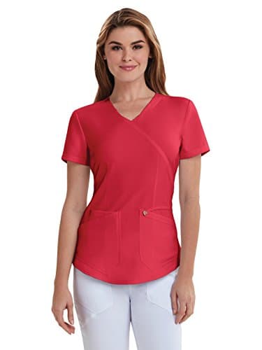 Careisma Women's Mock Wrap Solid Scrub Top, Red, Large