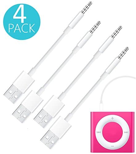 iPod Shuffle Short Cable, 4-Pack 3.5mm Jack / Plug to USB Power Charger Sync Data Transfer Cable for iPod Shuffle 3rd 4th MP3/MP4 (WHITE, 4 PACK)