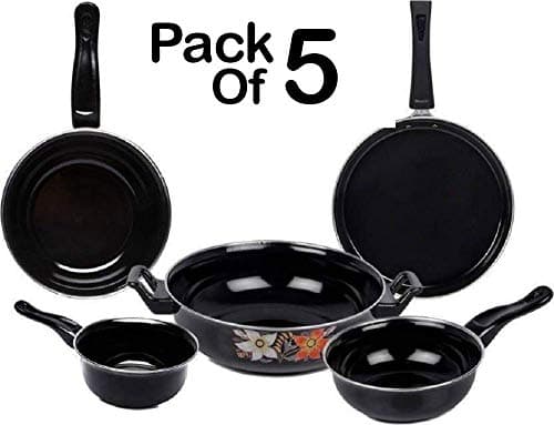 N7ZeroCookware Set/Induction Base Cookware Set/Cookware Pan Set/Non Stick Set/Popular Induction Non-Stick Cookware Set/Kadhai/Tawa/Frypan/Tadka/Sauce Pan/(Black) - 5 Pieces
