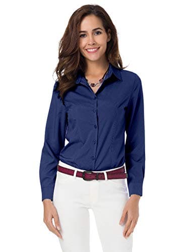 Womens Basic Long Sleeve Button Down Shirts Simple Pullover Stretch Formal Casual Shirt