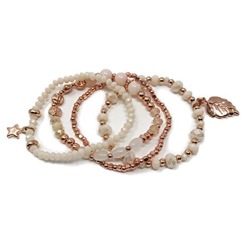 JADE POP - Women's Multicolored Beaded Stretch Stackable Chain Bracelet Set with Charm