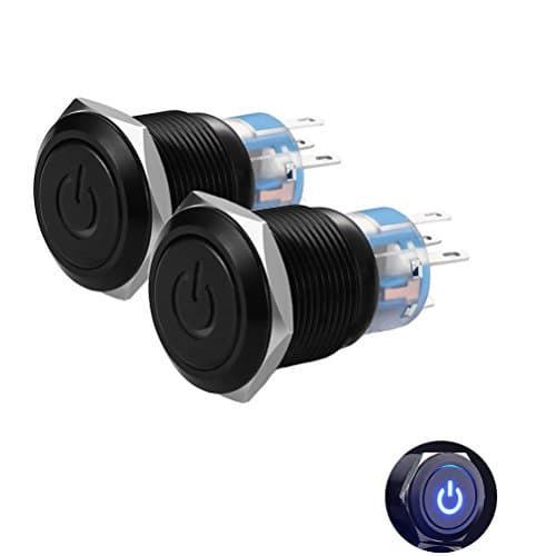 2-Pack Latching Push Button Switch Waterproof Power Symbol DC12V LED 1NO1NC SPDT ON/OFF Black Metal Shell Toggle Switches for 3/4" 19mm Mount Hole (Blue Light)
