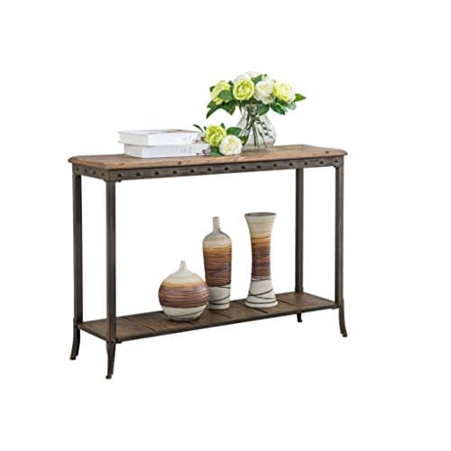Solid Pine Finished Distressed Wood Nailhead Trimmed Metal Framed Rectangular 2 Tier Accent Console Table Includes Our Exclusive Mousepad