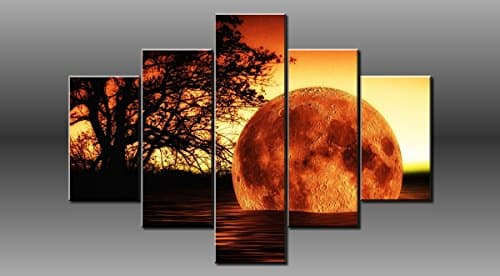 LARGE MOON TREE RIVER ORANGE ABSTRACT CANVAS WALL PICTURE SPLIT MULTI 5 PANELS SET BY FLASH ART 40" X 28" 0173