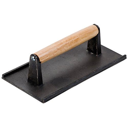 Castym Grill Press | 4.3 x 8.3 Inch Rectangular Cast Iron Barbecue Grill Steak Weight for Bacon Hamburger Sausage | Square Pattern Surface with Cool-Grip Wood Handle | Black | 1339