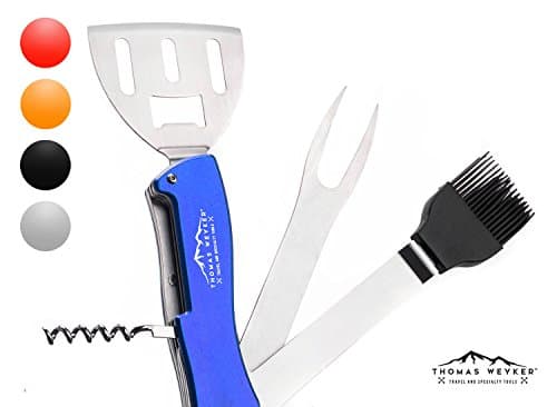 5-in-1 BBQ Multi Tool by Thomas Weyker - Portable Grill Tool Set with Stainless Steel Spatula, Fork, Grill Brush, and more - Grilling Multitool for Backyard Grilling, Barbecue, and Camping (Blue)