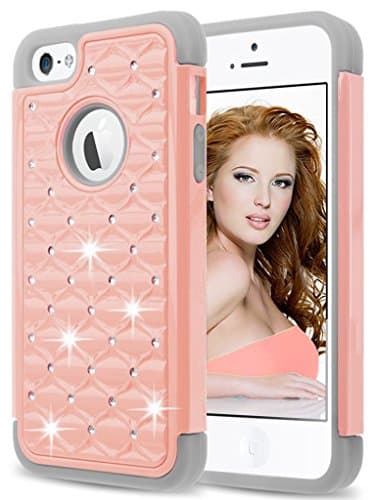 iPhone Se Case,iPhone 5s Case,iPhone 5 Case,MANDYCOWRY [2-Layer] Studded Rhinestone Crystal Bling Diamond Hybrid Armor Defender Cover(Rose Gold/Grey)