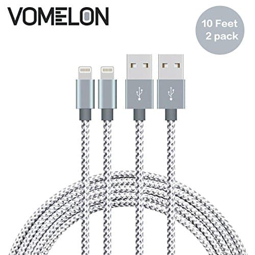 Lightning Cable, [10FT-2Pack] Nylon Braided Lightning to USB Syncing and Fast Charging Cable Data Cord Compatible with iPhone 7/7 Plus/6S/6 Plus, SE/5S/5, iPad, iPod Nano 7-[Grey + White]