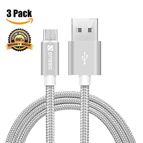 Onsso Nylon Braided Android Micro USB Cable, Micro USB to USB Cable Sync and Charging Cable for Samsung, Kindle, Android Smartphones, Galaxy S7 Edge, Moto G5, PS4 [3-Pack] (Silver, 1M/3.3Feet)