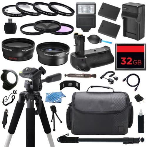 The Everything You Need Digital Camera DSLR Ultimate Package includes (2) High Capacity EL3 EN-EL3 EN-EL3E Replacement Battery with Car/International Charger + 32GB Memory Card + Deluxe DSLR Travel Case + 58mm 0.43x High Definition AF Wide Angle Lens + 2.2x AF Telephoto Lens + Multi Coated HD 3 Pc. Digital Filter Set + 4pc HD Macro Close Up Filter Set + Full Size Pro Series DSLR Digital Camera 57” inch Tripod + 67” inch Lightweight Monopod + Universal Digital Camera Flash + Professional Multi-Power Battery Grip Holder (Replacement for MB-D10 MBD10) + More for Nikon D300 D300s D700 (Compatible with 58mm Lens Filters Diameter Only: Nikon AF-S NIKKOR 50mm f/1.8G, AF-S NIKKOR 50mm f/1.4G)