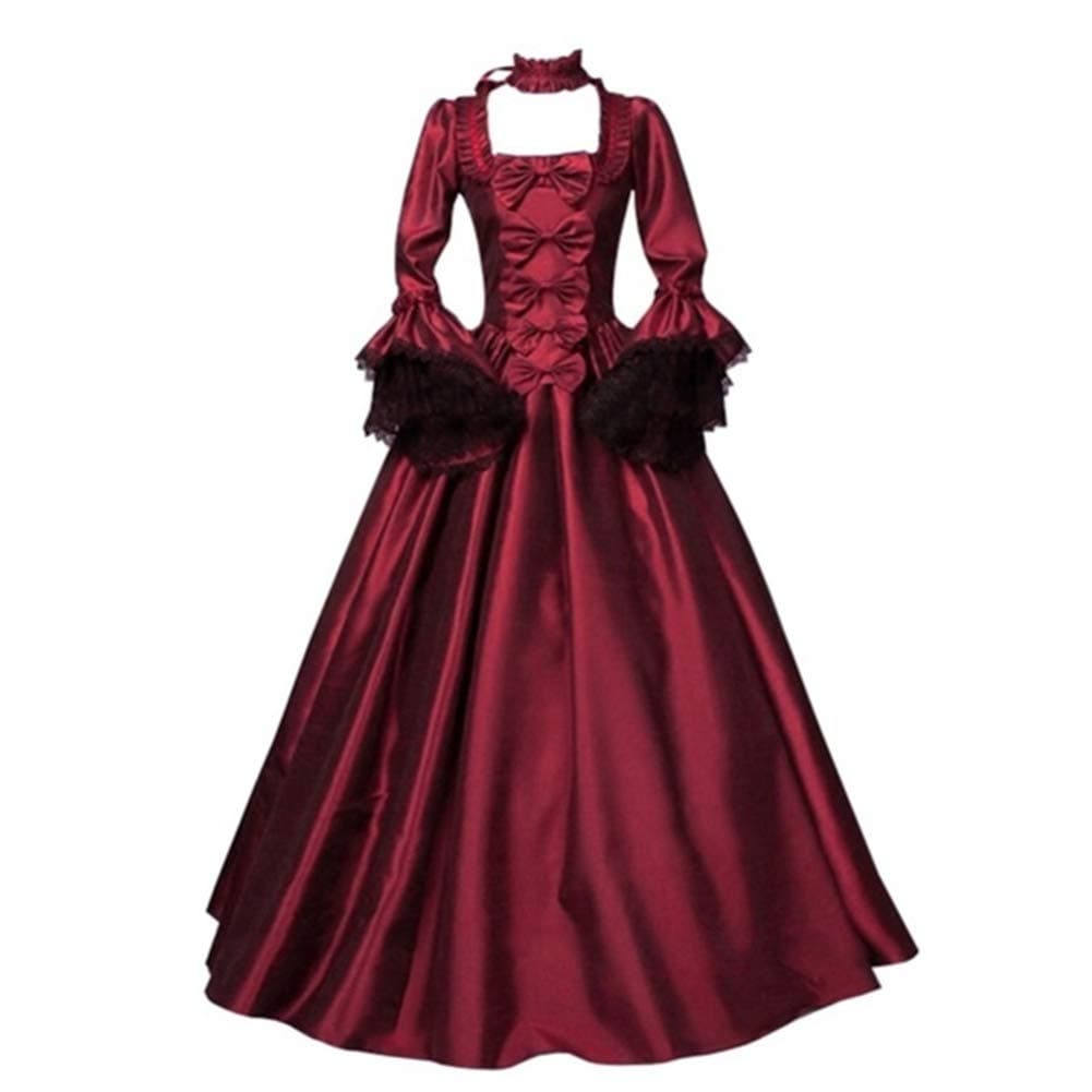 Maxtapos Maxtapos-Medieval Gothic Solid Color Bow Lace Patchwork Flare Sleeve Ball Gown Maxi Dress for Women Cosplay Cocktail Party Show Costume Wine Red M