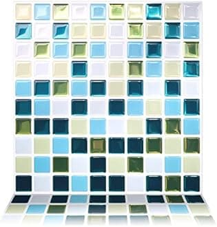 Tic Tac TilesPeel and Stick Self Adhesive Removable Stick On Kitchen Backsplash Bathroom 3D Wall Sticker Wallpaper Tiles in Small Square Designs (Vetro Aqua & Glassy Peacock) (5, Glassy Peacock)