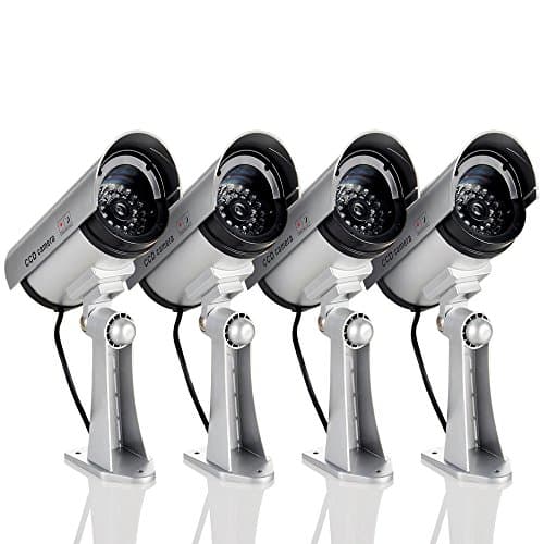 Dummy Security Camera,CCTV Surveillance System with Realistic Simulated Flashing LED for Outdoor/Indoor Use 4 Pack Silver