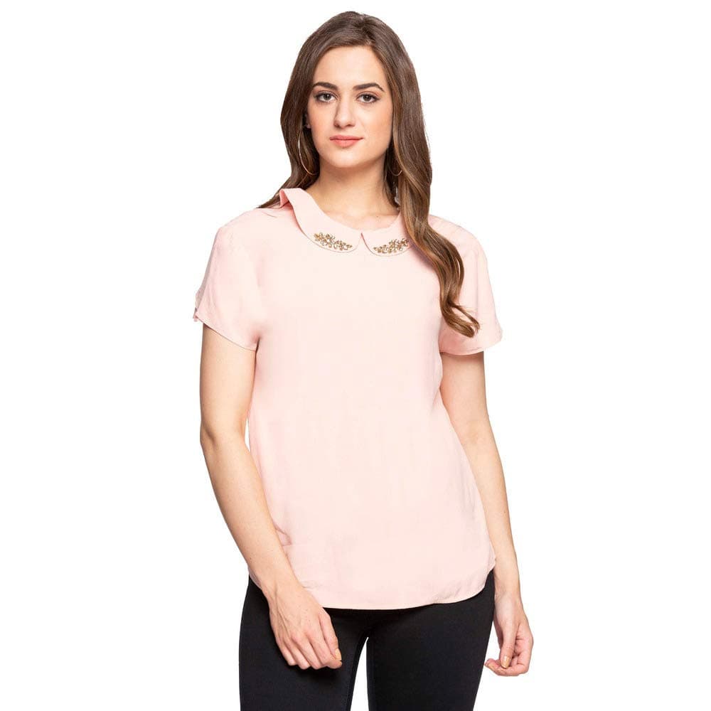 Womens Peter Pan Collar Solid Embellished Top