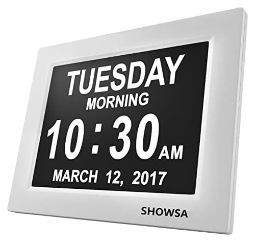 [Newest Version] 5 Alarm Options Day Clock - Extra Large Digital Clock With Digital Calendar Non-Abbreviated Day &amp; Month Alarm Clock,8 inch LCD Screen Desk Clock,Perfect for Mom Dad And Seniors