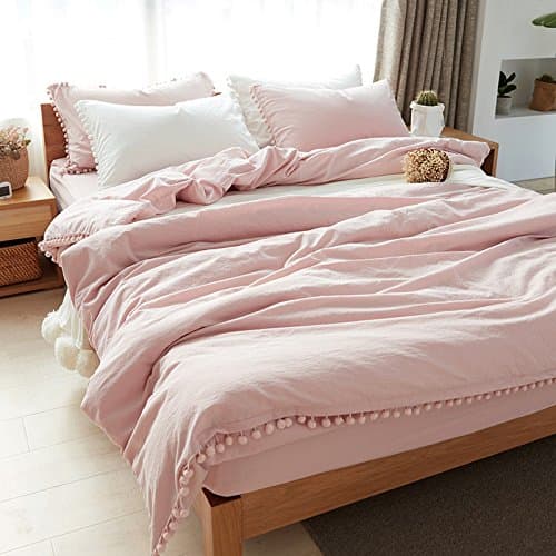 Super Soft Double Single 4 Bedding Collection including 1 Flat Sheet,1 Duvet cover and 2 Pillow Cases, Pear Ball Side Wash Cotton Pure Color Cotton Duvet Cover 4 Sets,Light Pink,King