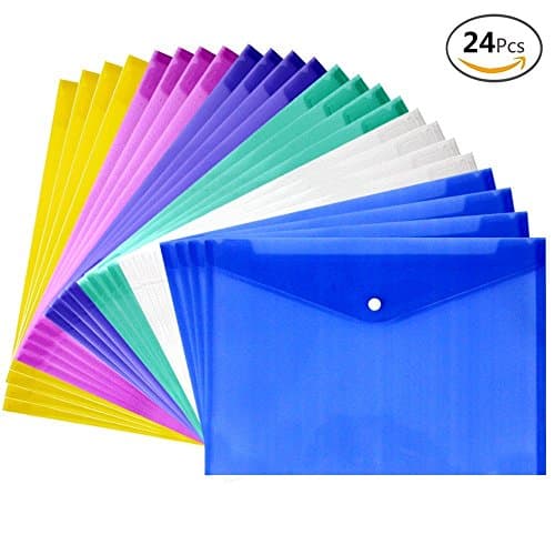JUSLIN 24 Pcs A4 Polypropylene Document Folder, Assorted Colors, Waterproof Transparent Poly Envelope with Snap Button Closure