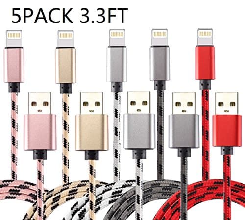 iphone cable Lightning Cable,5Pack 3.3FT Nylon Braided iPhone charger USB Cord Charging Cable for iPhone 5/5S/5C/SE 6/6S 6 Plus/6S Plus 7/7 Plus, iPad mini/Air/Pro iPod touch/nano 7