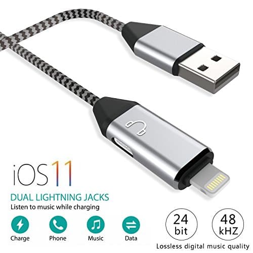 Lightning Splitter Cable, for iPhone 7 &amp; iPhone 8 to Dual Ports Adapter, Loseless Audio Quality, 2 in 1 charge and listen to music at the same time, Support iOS 11 and before (Silver)