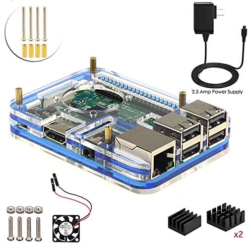 Starter Raspberry Pi 3 Model B Pi 2 Case Kit (5 layers Acrylic Case, Cooling fan, 3Pcs heatsink, 5V/2.5A Power Adapter) (Blue)