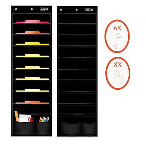 2 Pack Pocket Chart, File Folder Organizer with 9 large + 2 small Pockets for Office, School, Home, Studio, etc. 47 X 14 inch, BLACK, Mountings READY (4 hangers and 3 over door hooks)