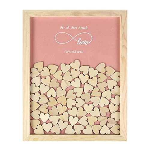 Customized Engraved Personalized Wedding Even Infinity Love Rustic Drop Top Wooden Frame Wedding Guest Book With 130 Small Wood Hearts (Pearl Pink).