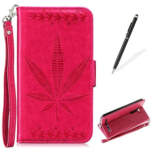 CasesHome Maple Leaf Pattern PU Leather Case Wallet Case with Card Slot Folio Closure Stand Feature Shockproof Protective Case for Asus Zenfone 2 Laser ZE500KL 5.0 + Free 2 in 1 Touch Stylus Pen-Red
