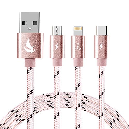 Multi Charging Cable, EliteSoft (5f) USB to Lightning+Type C+Micro Adapter Connector 3 in 1 Multiple Charger Cable cord for iPhone 6 7 plus/iPad/Galaxy S8 plus/Lg V20/Huawei Mate 9 (Rose Gold)