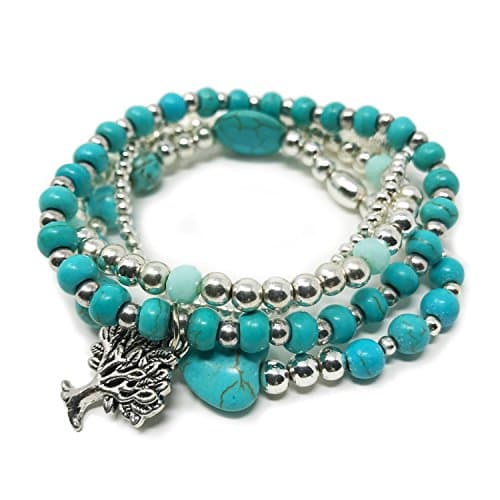 JADE POP - Women's Multicolored Beaded Stretch Stackable Chain Bracelet Set with Charm - Turquoise
