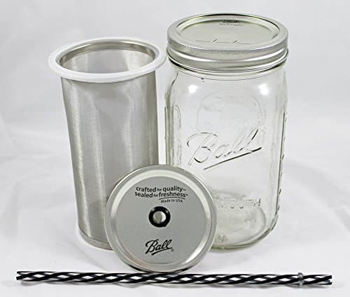 Cold Brew Coffee Maker Kit - Quart - Make Fresh Cold Brew Coffee and Tea with our Ball Mason Jar Kit with Stainless Steel Filter and Stainless Steel Ball Lid and Grommet with Black Straw (2 Quart)