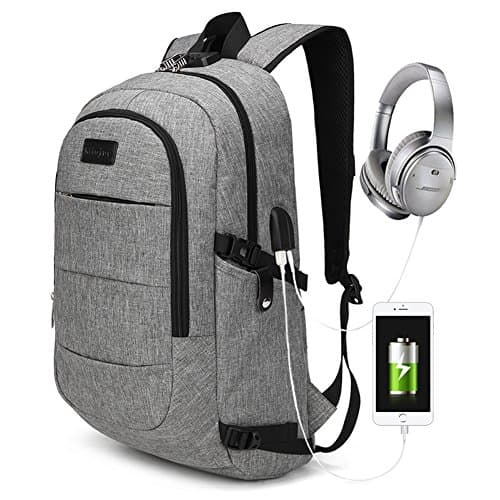 Stuo Multi Backpack with USB Charging Port Headphone Interface Password Lock Business Travel Lightweight Bag for Women Men Students Fits 15.6in Laptops Gray