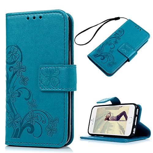 iPhone SE Case, iPhone 5S Wallet Case, iPhone 5 Case for Women,Mavis's Diary Elegant Blue Wallet Flip Case Embossed Clover PU Leather with Card Holders Wrist Strap [ Stand Feature ] for iPhone SE/5S/5